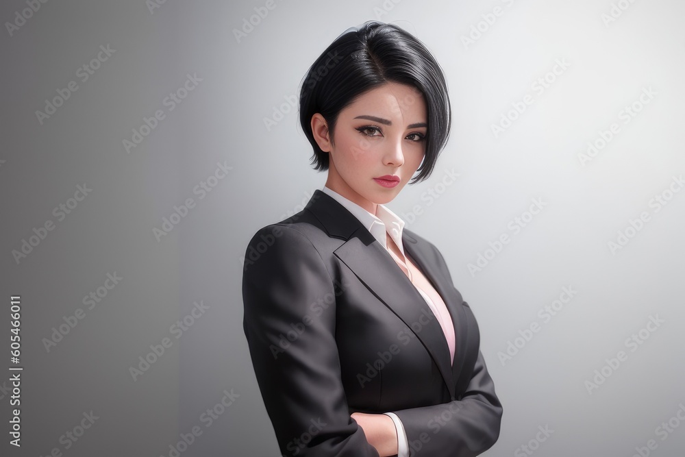 Portrait of young business woman dressed in black fashion jacket on grey background. Beautiful sexy lady with short black hair and in business suit with white blouse poses for picture. Generative AI Portrait of young business woman dressed in black fashion jacket on grey background. Beautiful sexy lady with short black hair and in business suit with white blouse poses for picture. Generative AI