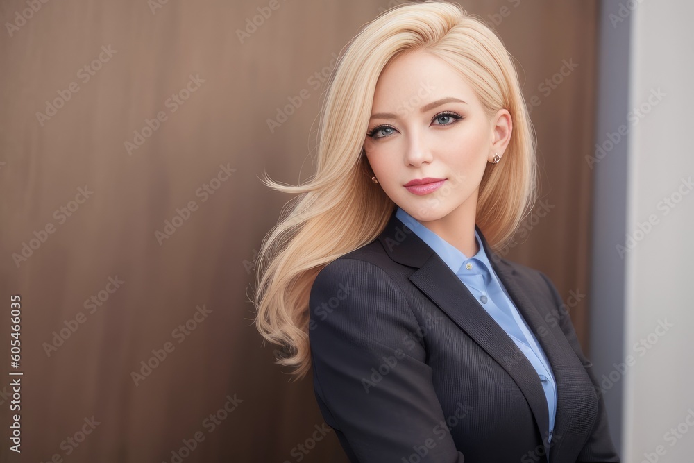 Close up Portrait of shiny young business woman dressed in black fashion dress on pastel background. Beautiful sexy woman with blond hair and in attractive blouse poses for picture. Generative AI Close up Portrait of shiny young business woman dressed in black fashion dress on pastel background. Beautiful sexy woman with blond hair and in attractive blouse poses for picture. Generative AI