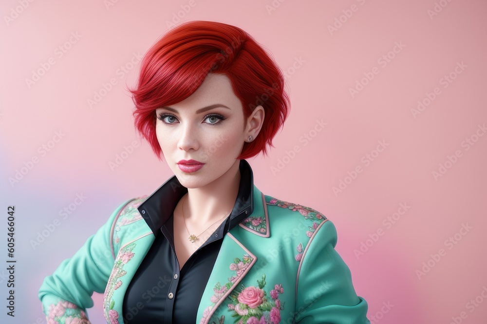 Two Young short red hair business ladies looking into camera. Beautiful business women with bob hair and in green leather jacket with floral ornament posing with pink background. Generative AI Two Young short red hair business ladies looking into camera. Beautiful business women with bob hair and in green leather jacket with floral ornament posing with pink background. Generative AI