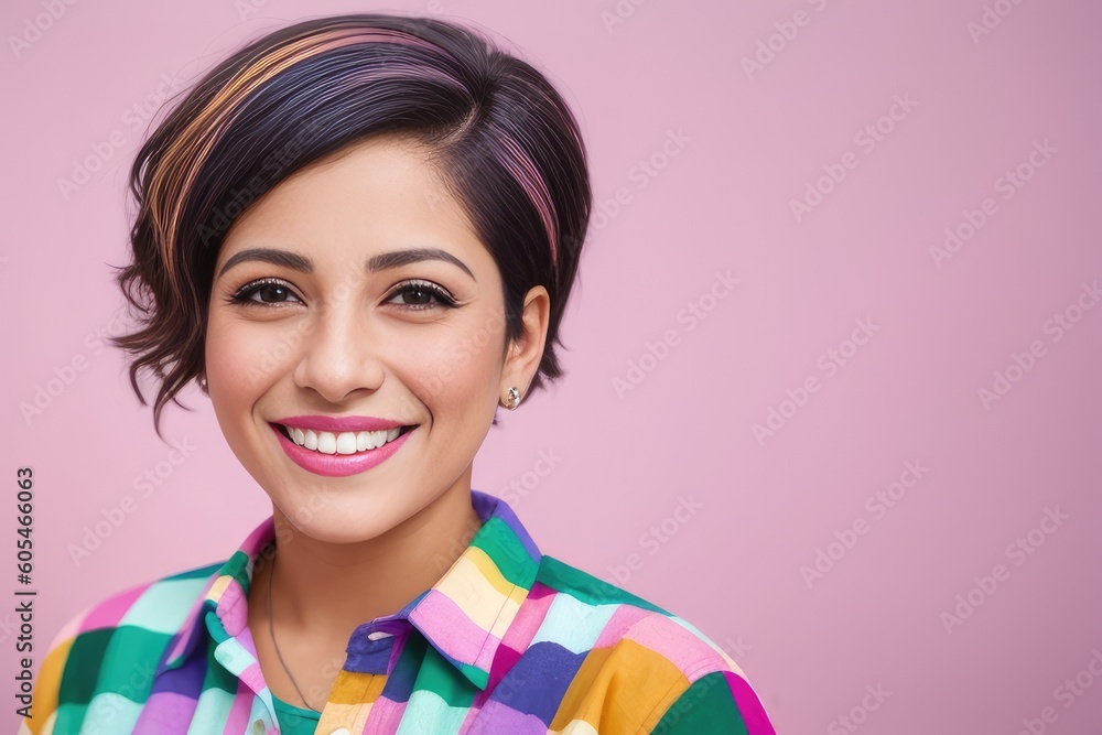 Portrait of a pretty student girl, young brunette woman with short beautiful hair, wear casual colorful flannel shirt, smiles at the camera on colorful background. Showing emotions. Generative AI Portrait of a pretty student girl, young brunette woman with short beautiful hair, wear casual colorful flannel shirt, smiles at the camera on colorful background. Showing emotions. Generative AI
