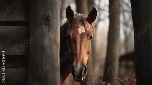 brown horse on the ranch close-up. AI generation © dwoow