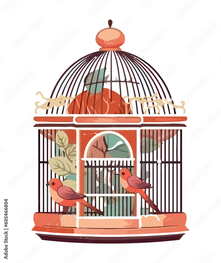 Cute finch perching on ornate birdcage decoration