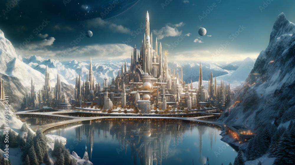 Fototapeta premium view of the city, Asgard, mythology, fantasy, clouds, future, Generated by AI