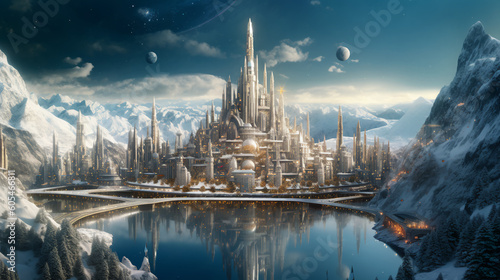 view of the city  Asgard  mythology  fantasy  clouds  future  Generated by AI
