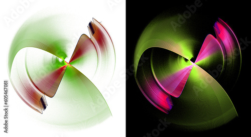 Colorful abstract blades rotate on white and black backgrounds. Icon, logo, symbol, sign. 3D rendering. 3D illustration.