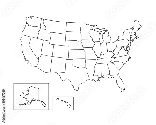 United States of America political map simple outline vector illustration, blank template for design, educational purposes