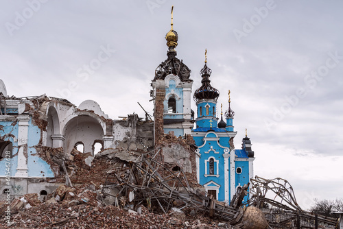 The remains of the walls of the church and monastery buildings, destroyed as a result of the attack of the Russian army on Ukraine