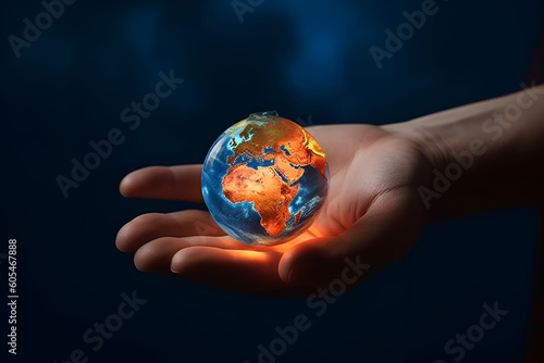 two hands hold a model of a burning globe in their hands. AI generated Generative AI