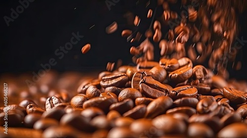 Close-up brown coffee beans banner background. Dark background. Generative ai