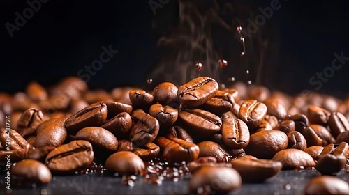 Close-up brown coffee beans banner background. Dark background. Generative ai © fotografci2019