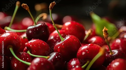 Macro shot red cherry background. Blurred background. Generative ai