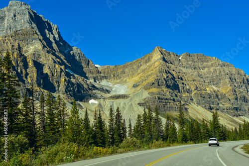 The CanAm highway winding among the spectacular rugged mountains of Banff national park in Alberta,Canada.