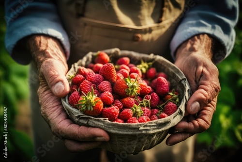 person holding a basket of freshly picked strawberries. Generative AI