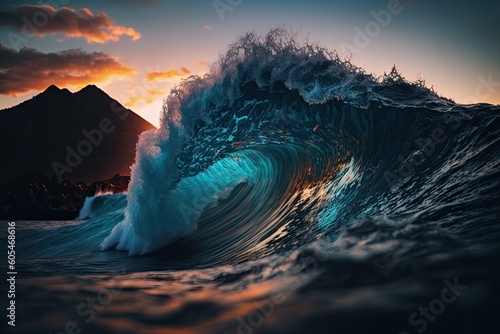 majestic sunset wave crashing into the ocean. Generative AI