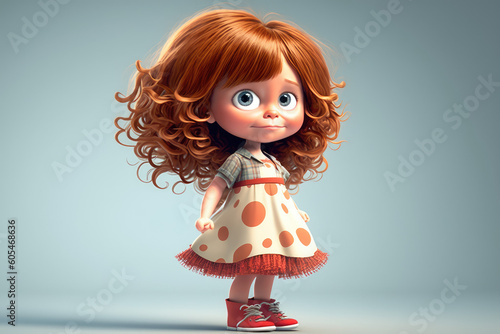 Cute little cartoon girl isolated on grey background with copy space. The character is a baby girl in vintage dress with long curly hair. Generative AI 3d render imitation.