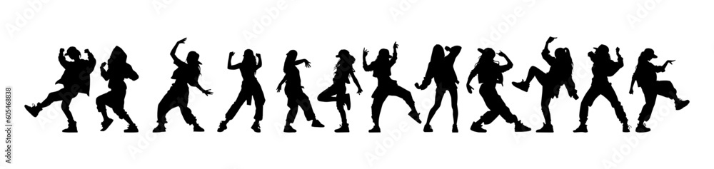 Vector illustration. Hip hop dancer silhouette. Girl on the move. Big set.