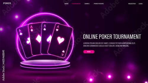 A web banner with text and casino cards with a neon round arch on the podium.