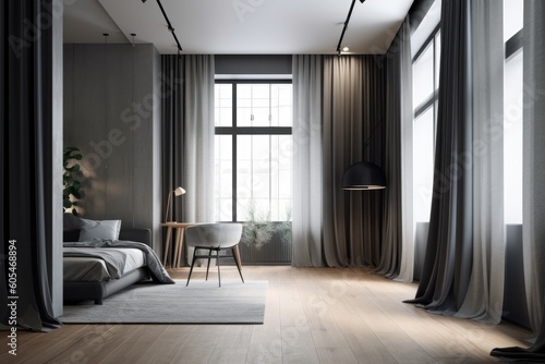 Interior design of a contemporary empty room with gray walls and curtains. Generative AI
