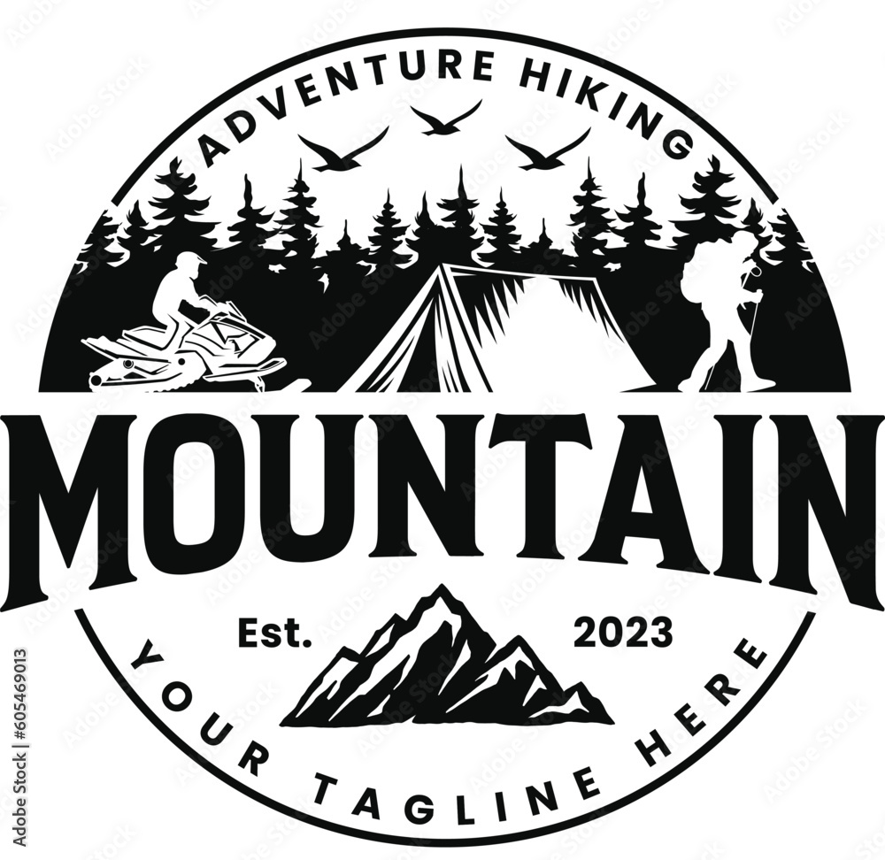 mountain adventure logo, snowmobile race, adventure hiking, mountain travel, mountain snowmobile stencil, adventure logo design vector
