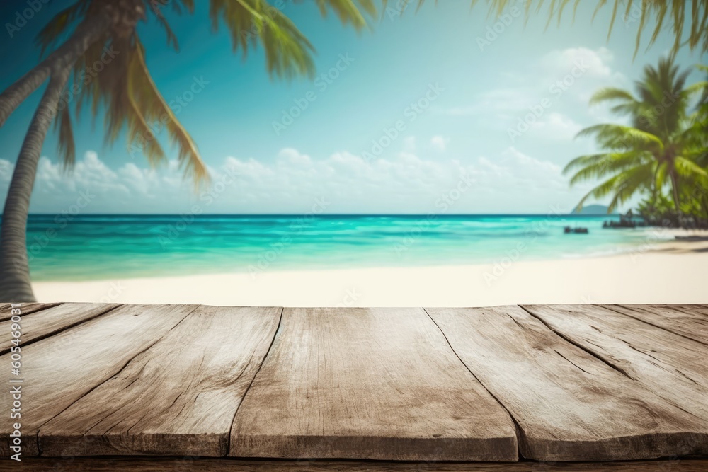 Fototapeta premium an empty wooden table with a breathtaking tropical beach in the background. Generative AI