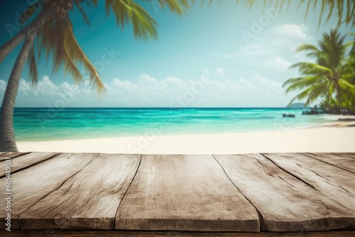 an empty wooden table with a breathtaking tropical beach in the background. Generative AI