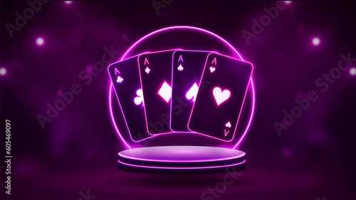 Neon poker cards on a bright podium with a round arch on a dark purple background.