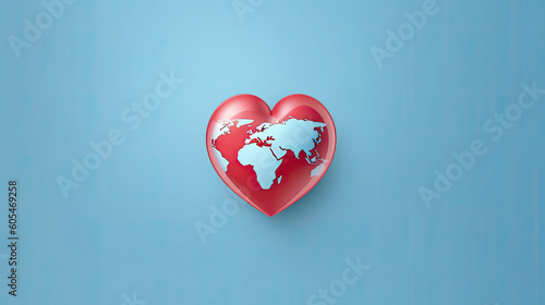 Rotes Herz mti Weltkarte auf blauem Hintergrund. Symbolisch für den Weltherztag (World Heart Day). (Generative AI) photo