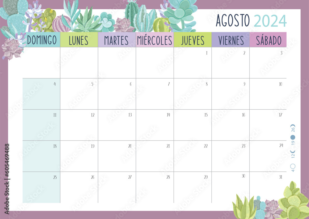 Calendario Planificador 2024 en Español Tamaño A4 Mes de Agosto