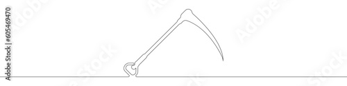 Garden scythe line continuous drawing vector. One line Garden scythe vector background. Garden scythe icon. Continuous outline of a Garden scythe. Black linear outline Garden scythe design.
