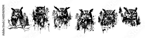 Set of graphic owls with trees. Monochrome graphic portrait of an owl in the forest. Abstraction trees and owl. Print for t-shirt or tattoo, graffiti style. Vector illustration