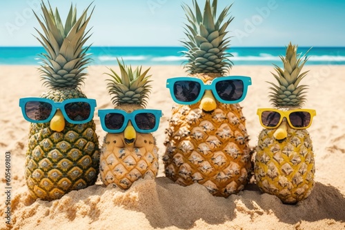 three pineapples with sunglasses relaxing on a tropical beach. Generative AI