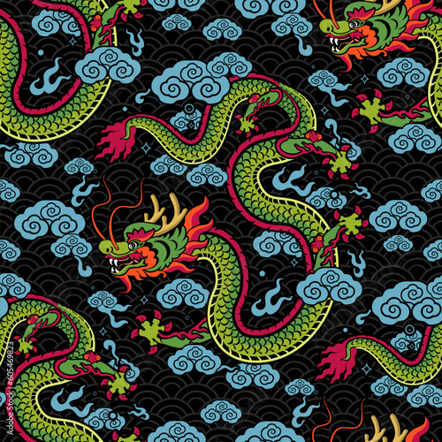 Seamless pattern happy chinese new year 2024 the dragon zodiac sign with asian elements paper cut style on color background. ( Translation : happy new year 2024 year of the dragon ) 