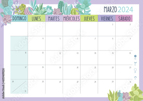 Calendario Planificador 2024 en Español - Tamaño A4 - Mes de Marzo