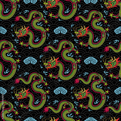 Seamless pattern happy chinese new year 2024 the dragon zodiac sign with asian elements paper cut style on color background. ( Translation : happy new year 2024 year of the dragon ) 