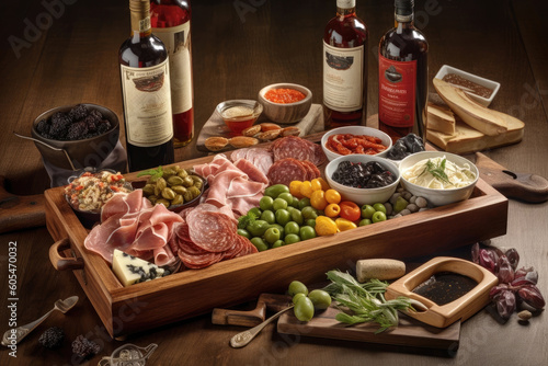 Antipasti Platter - Balsamic Vinegar, Coldcut Meats, Extra Virgin Olive Oil, Crusty French Baguette, Succulent Olives, Sun-Dried Tomatoes 