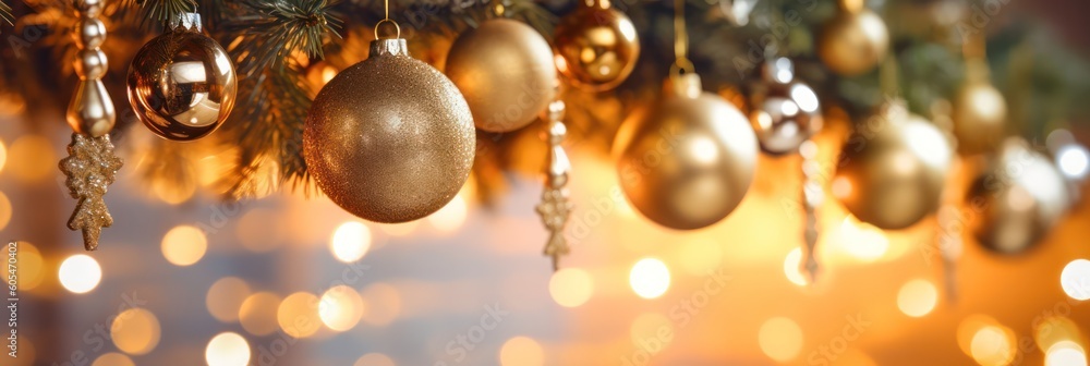 golden festive new year background or card with Christmas tree decorations with bokeh. Generative AI golden festive new year background or card with Christmas tree decorations with bokeh. Generative AI