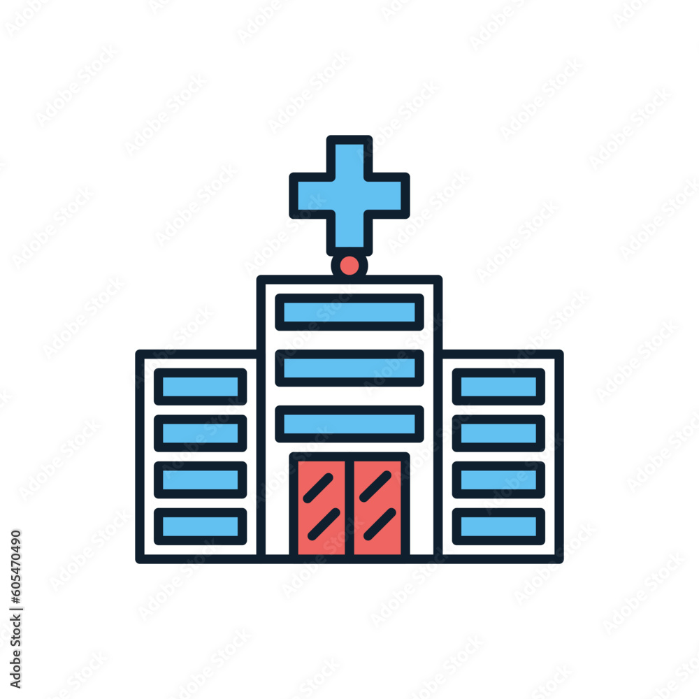 Obraz premium Hospital related vector line icon. Medical facility. Urgent care center. Hospital building. Primary care. Town clinic facade. Isolated on white background. Vector illustration. Editable stroke