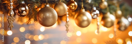 golden festive new year background or card with Christmas tree decorations with bokeh. Generative AI
