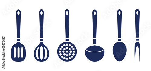 Hanged Kitchen Utensils. Cooking Tools, Metal skimmer, Whisk, Spatula, Carving Fork, Ladle, Spoon Home and Cafe Kitchenware, Vector Image