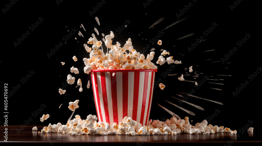 Red and white striped popcorn bucket, on a dark romantic background, with a stream of hot buttery popcorn falling out of the bucket and spilling onto the surface below. Generative AI