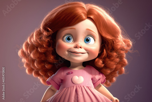 Cute little cartoon girl isolated on dark background with copy space. The character is a baby girl in a pink dress with long curly hair. Generative AI 3d render imitation.