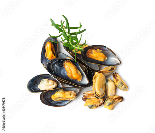 Mussels Pile Isolated, Unshelled Clams, Peeled Mussels, Open Shellfish, Seafood on White Background