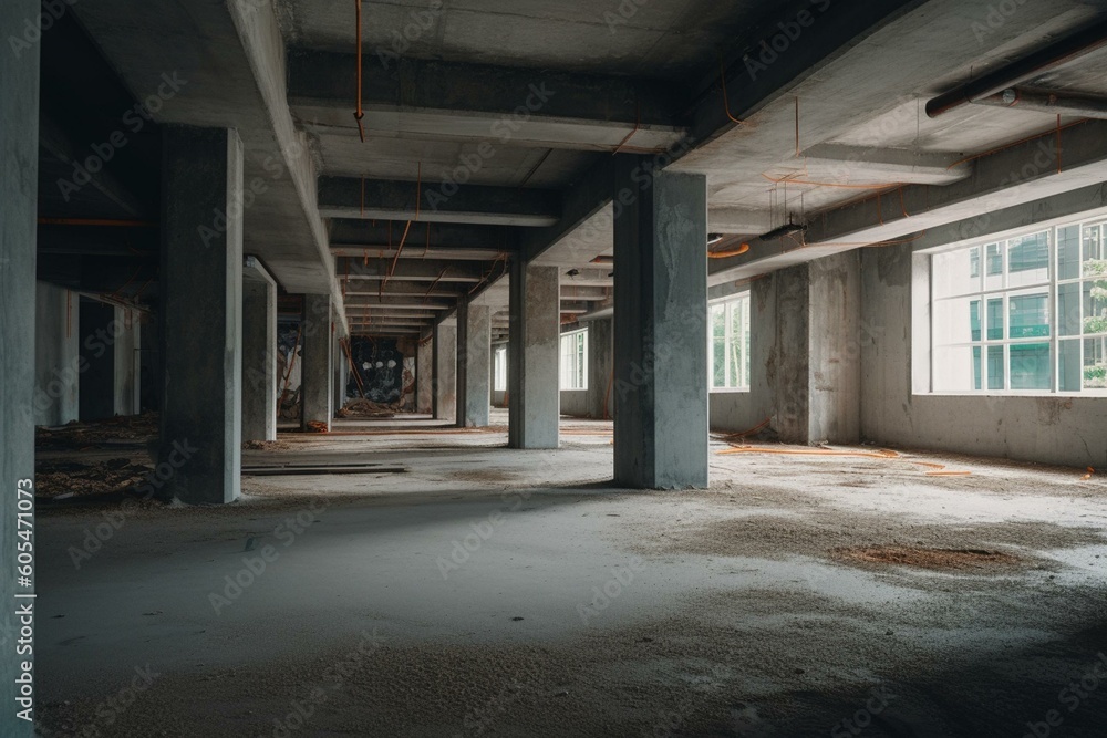 Unfinished commercial space with empty concrete and no partitions. Generative AI