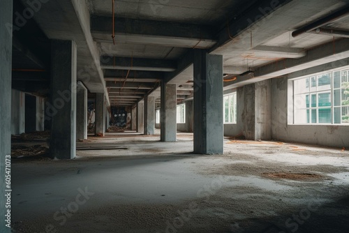 Unfinished commercial space with empty concrete and no partitions. Generative AI