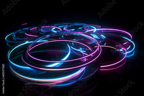 Neon circles of purple and blue light trail against a black background. Generative AI