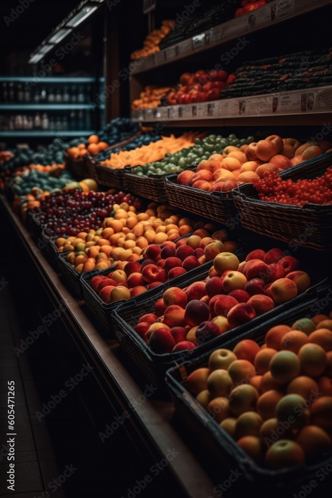 Fresh fruits in the supermarket. different types of vegetables on the shelves. Generative AI