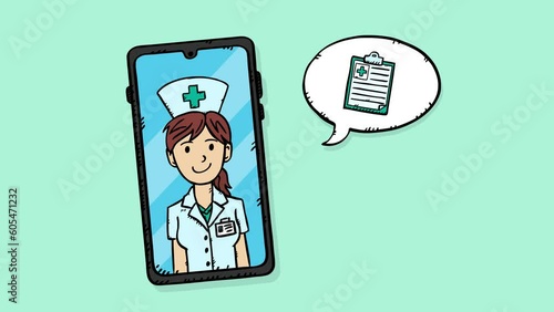 Animation showing a telephonic conversation with a nurse. The nurse appears on the phone screen and a cloud appears next to her along with an icon of medical notes.