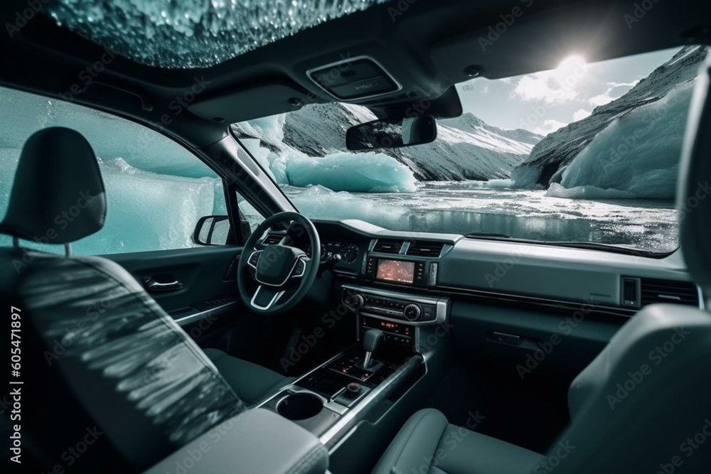 Car navigating through a glacial iceberg landscape. Generative AI