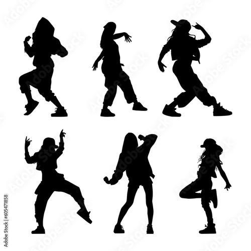Vector illustration. Hip hop dancer silhouette. Girl on the move. Big set of poses.