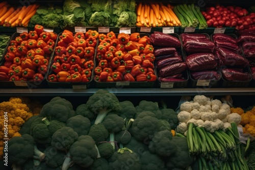 Fresh vegetables in the supermarket. different types of vegetables on the shelves. Generative AI